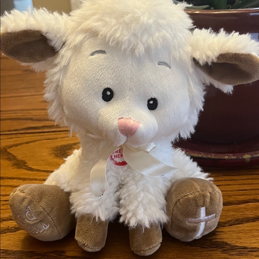 Adorable White and Tan Plush Lamb sings Jesus Loves Me
